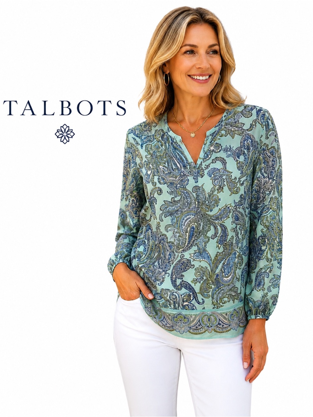 Talbots Petite Blue Paisley Tencel Lyocell Long Sleeve Blouse Size MP